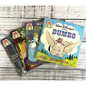 Lot of 4 Vintage Disney Read A Long Books Dumbo Cinderella Sleeping Beauty Tramp